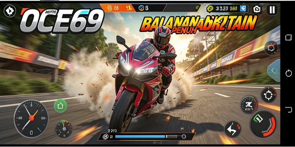 Tampilan gameplay balapan motor yang mendebarkan di OCE69.